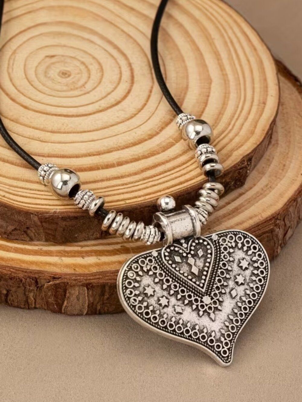 Boho-Chic Oversized Embossed Heart Pendant Adjustable Beaded Statement Jewelry